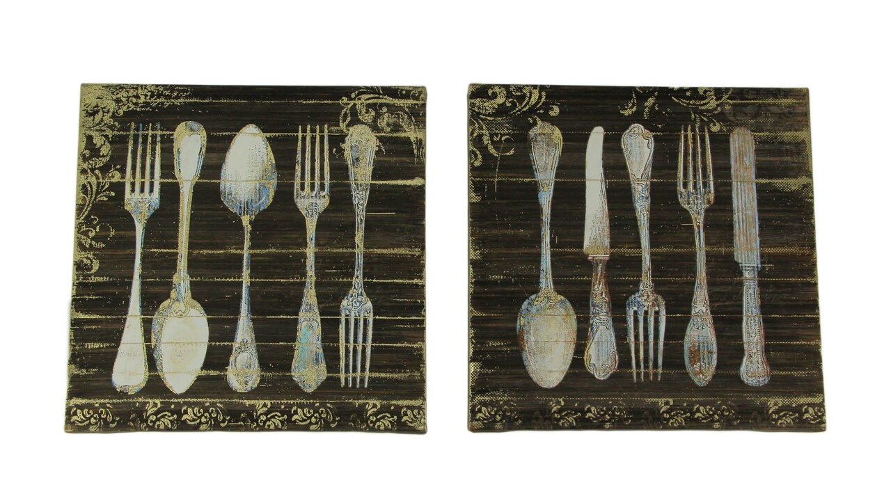 Vintage Finish Wood Look Antique Silverware Canvas Wall Prints 2 Piece Set